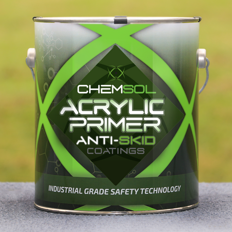 A container of Chemsol Acrylic Primer with anti-skid coatings, predominantly green with black and white text, placed on a surface with a green background.